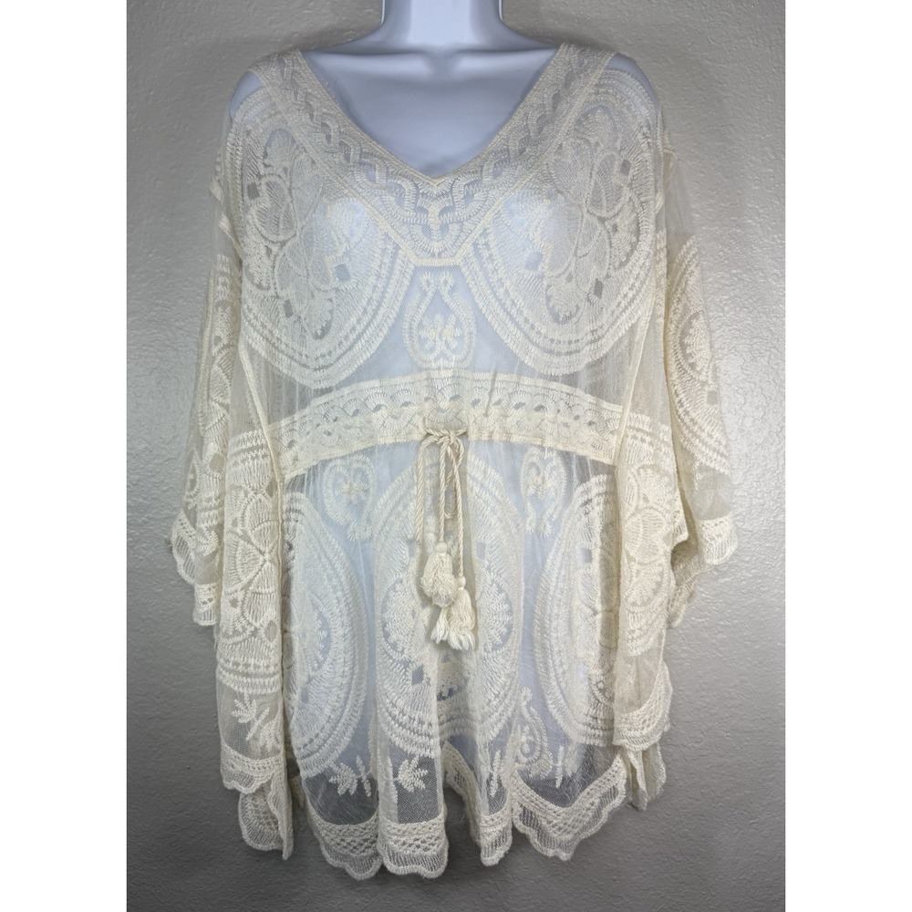 Women's cream-colored sheer boho lace tunic Top Kimono Kaftan One Size